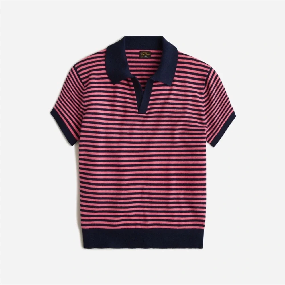 J.Crew Pink And Blue Striped Cashmere Johnny Collar Short Sleeve Top L